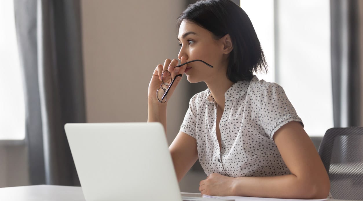 Thoughtful Anxious Asian Business Woman Looking Away Thinking Solving Problem