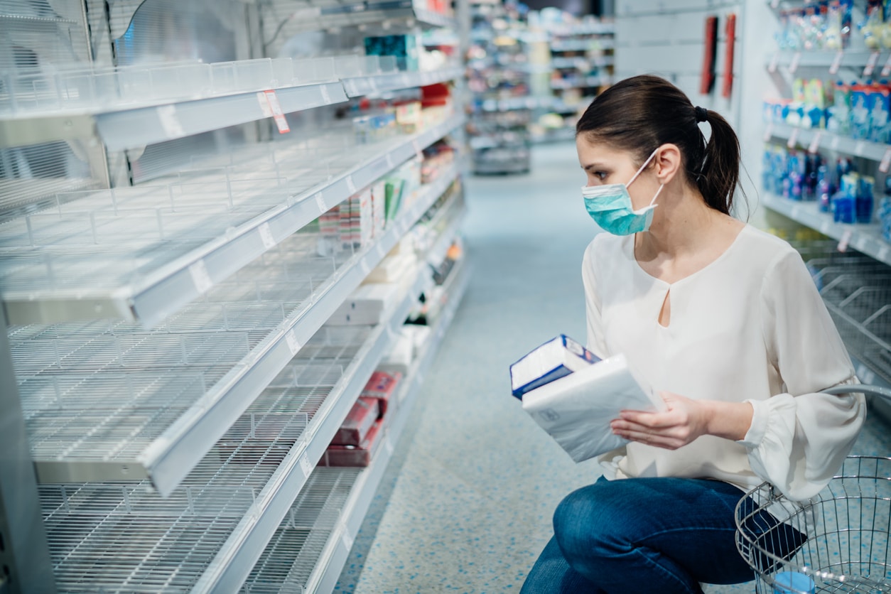 Shopping During The Epidemic.Buyer Wearing A Protective Mask.Shopping For Enough Food And Cleaning Products.Pandemic Quarantine Preparation.Pandemic Quarantine Preparation.Sold Out Household Supplies